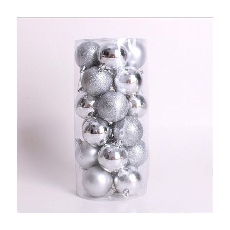 Décorations de Noël transfrontalières, lot de 24 boules de Noël en forme de tambour (3/4/5/6/7/8 cm), pendentif de Noël argenté en gros (3 cm, 24 pièces). (1/5)