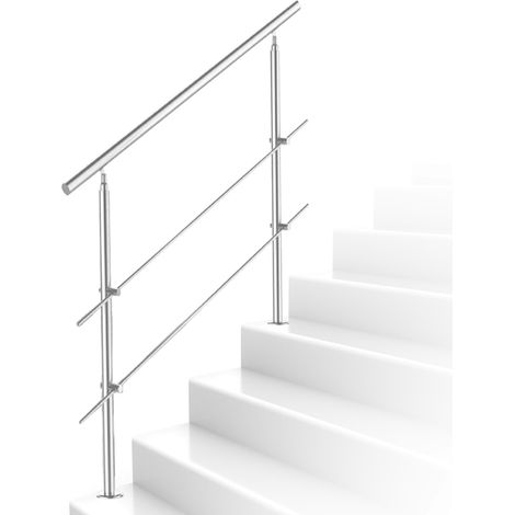Rampe d’escalier en acier inoxydable Main courante Balustrade 180 cm Rambarde avec 2 Entretoises