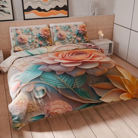Housse de Couette 2 Places 230x220 cm 2 Taies 75x50 cm Incluses, Parure en Microfibre Imprimée Floral 05 11 (1/5)