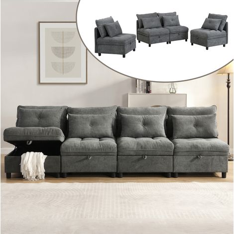 Divano relax 4 posti in tessuto grigio con vano portaoggetti, convertibile in divano letto (1/5)