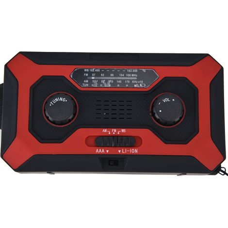 Radio météo d'urgence à manivelle avec commutation AM/AM, indicateur de batterie, lampe torche et batterie solaire pour le camping (version rouge américaine).