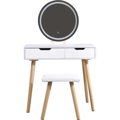 Pegane – Coiffeuse enfant avec miroir LED et tabouret – MDF blanc – Dimensions H129 x L80 x P40 cm – Design moderne (1/4)