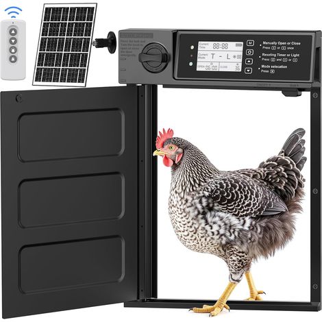 Automatische Hühnerstalltür mit Solarantrieb, 7-W-Solarpanel, LCD-Bildschirm, Lichtsensor, Timer und Einklemmschutz.