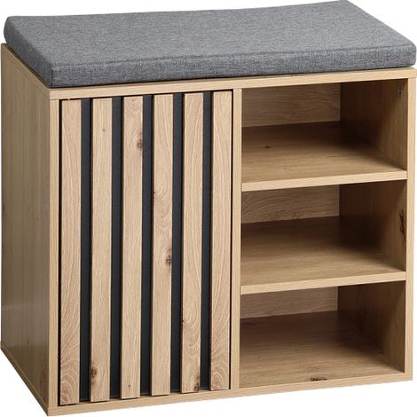 Meuble à chaussures bois décor chêne - Assise coussin gris - 51.5 x 29.5 x 48 cm - Livraison gratuite