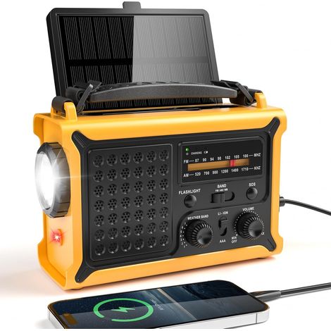 Portable Radio Dynamo, AM/FM Radio Solaire avec 12000mAh Batterie Rechargeable & Manivelle, Camping Portable avec Lampe de Poche & Lumière de Lecture, Alarme SOS, Idéal pour l'extérieur et la Maison (1/4)