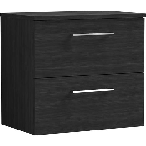 Nuie Arno Wall Hung 2-Drawer Vanity Unit with Worktop 600mm Wide - Black Woodgrain (1/5)