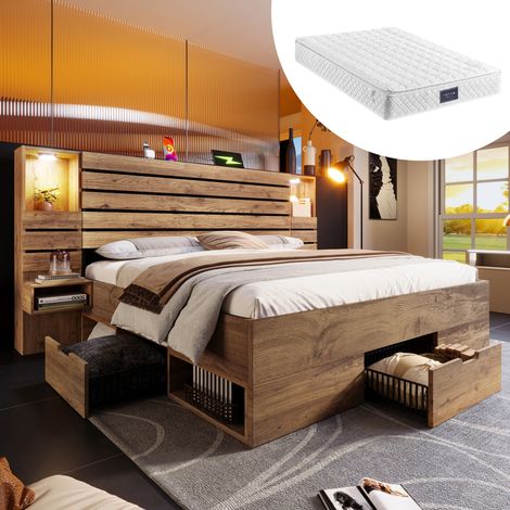 Lit double bois 160x200 LED intégrées USB Type-C niche éclairée tables chevet suspendues rangement tiroirs matelas inclus chêne