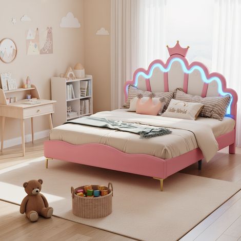Kinderbett 140x200 cm mit LED-Beleuchtung, Polsterbett mit Verstellbares Kopfteil in Kronenform, Modernen Einzelbett, Bettgestell mit Lattenrost, PU Rosa (Ohne Matratze)