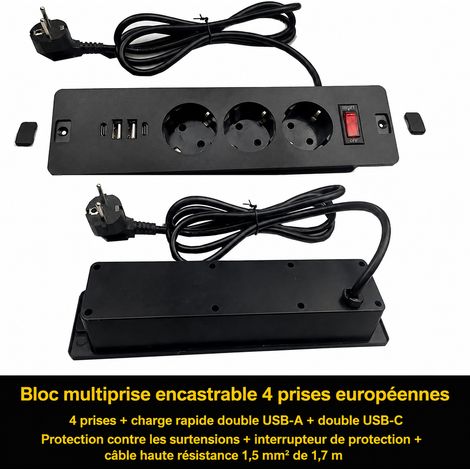 Multiprise encastrable bureau 3 prises européennes 2 USB-A et 2 USB-C 20W câble 1,8m 250 3 1.5 qn-2501 25 × 6,6 × 5 cm 400 g – Livraison gratuite