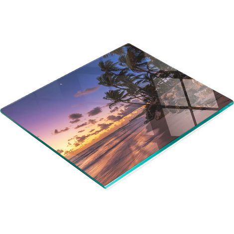 Tablero decorativo multifuncional de vidrio templado con dise帽o de playa y sol, 60x52 cm.