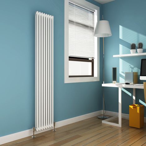 ELEGANT Traditional Radiator 1800 x 380mm Vertical Double Column Cast Iron Style Radiator White + White Thermostatic Radiator Valves (1/5)