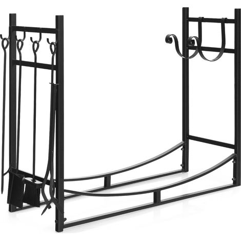 Robustes Brennholzregal & Werkzeugset mit Anzündholzhaltern & Schaufel 91x33x76cm Schwarz (1/5)