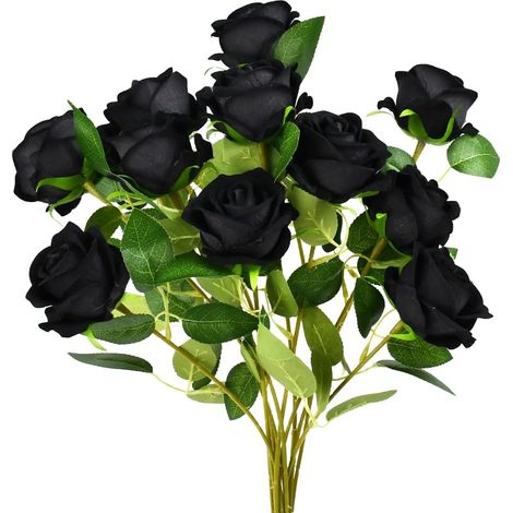 12 PCS Roses Artificielles Noires, Fleur Artificielle Roses, Fausse Rose Noire, Bouquet de Fleurs en Soie, Roses Artificielles en Soie Grande Tige