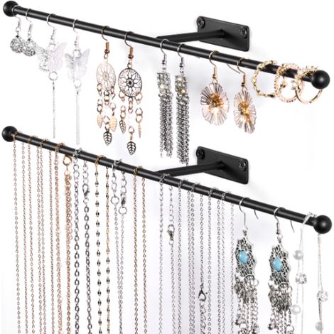 Irovami Présentoir mural noir pour bijoux (lot de 2) : présentoir de 32 cm avec vis pour boucles d’oreilles, bracelets, bagues, élastiques à cheveux et lunettes. (1/5)