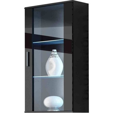 Armario de pared Tornola 103, Negro + Negro brillante, 116x60cm, Número de puertas: 129cm, Vidrio, Aglomerado laminado, LED