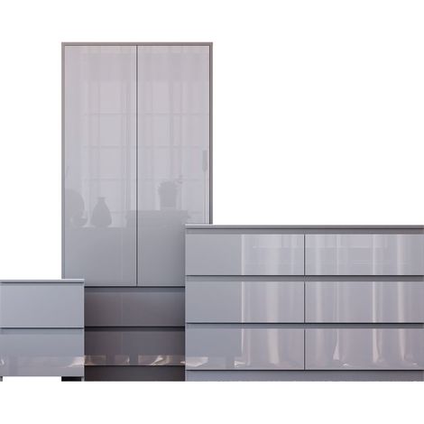 Glinton 3 Piece Bedroom Set (2 Drw Bedside, 6 Drw Chest, 2 Door 2 Drw Wardrobe), Grey (100% FSC) (1/4)