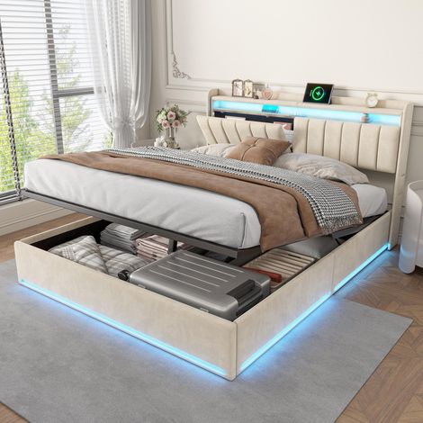 Lit coffre 140x190 cm, Lit capitonné adulte et enfant avec LED et charge USB, Lit simple velours avec tête de lit de rangement hydraulique, Beige (1/5)