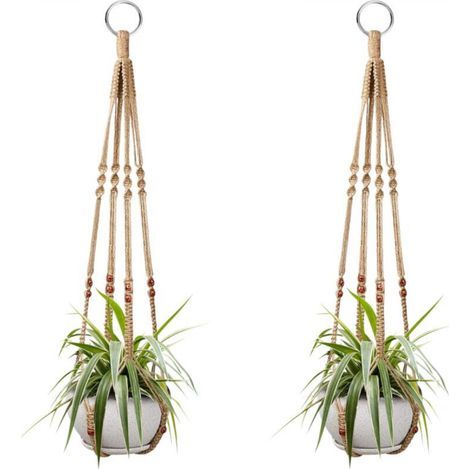 Paniers suspendus pour plantes d'intérieur, en corde de coton et de lin, 85 cm chacun, ornés de perles en bois. Crochets non inclus. (1/4)