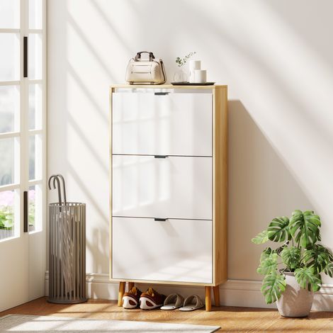 Schuhschrank, schmaler Schuhschrank, 3 Klappschubladen, Hochglanztür, 60 x 24 x 127 cm, weiß