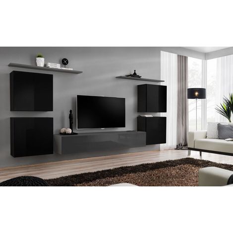 Ensemble mural - Switch IV - 1 vitrine - 1 banc TV - 2 étagères - Noir et graphite - Modèle 2 - Livraison gratuite