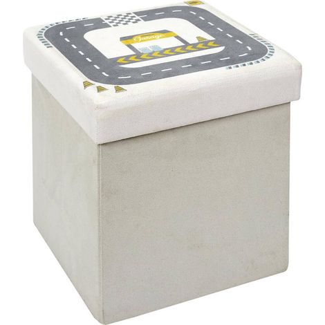 CHILD - Pouf-Coffre Pliable Velours Gris Clair Motif Circuit (1/5)