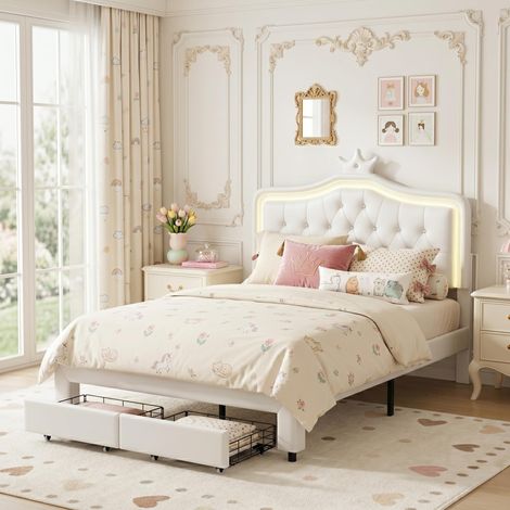 Lit double avec Tiroirs 140x190 cm - Lit adulte avce sommier, Éclairage LED, Lit capitonné Scandinave - Blanc