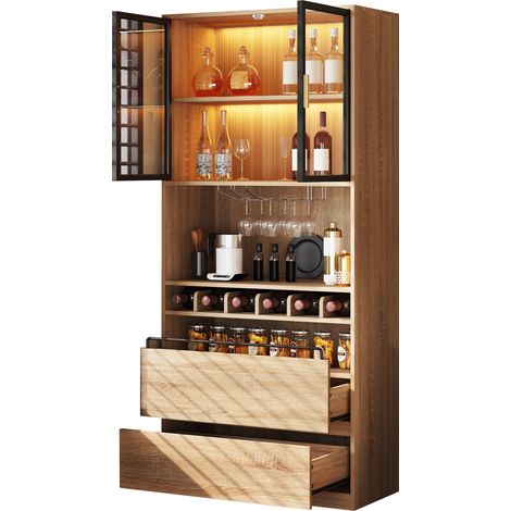 Vetrina con Ante in Vetro, Cassetti, Vani Aperti e LED, in MDF, Naturale, per Bagno e Soggiorno (1/5)