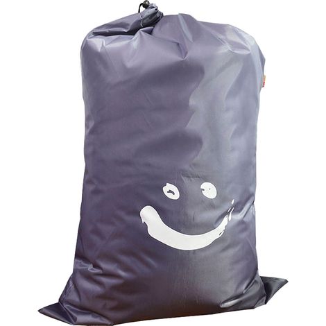 Sac à linge cylindrique en nylon avec cordon de serrage, gris foncé, motif souriant, idéal pour la maison, les voyages, le linge sale, les couvertures et les livres. (1/5)