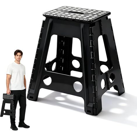 Tabouret Pliant Noir 45cm,Tabouret Pliable,Capacité de Charge de 150 Kg,Marchepied Pied Pliable,Surface Antidérapante Poignée Portable Soulever,Robuste Et Durable,pour Salle de Bain Salon,Cuisine (1/5)