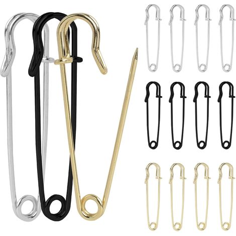 15 PCS Grandes Épingles à Nourrice Extra Larges, Épingles à Sûreté Robustes de 70 mm pour Tissus Lourd, Idéales pour Couture, Artisanat et Projets de Loisirs Créatifs(Argent/Or/Noir