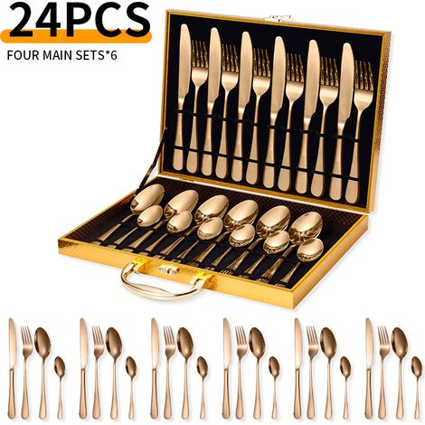 Service de 24 couverts en acier inoxydable – pour 6 personnes – avec coffret – acier inoxydable – or rose (1/4)