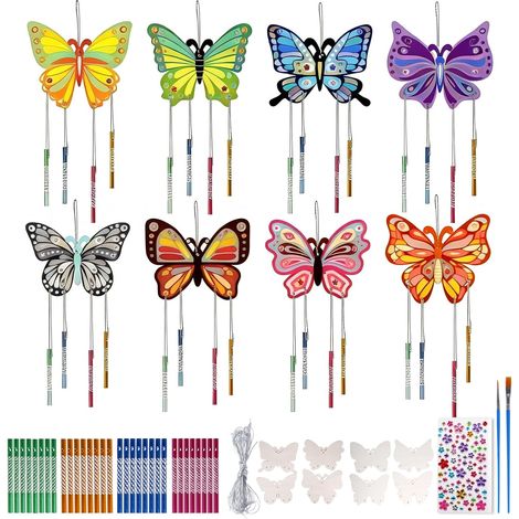 Lot de 8 carillons éoliens pour enfants - En bois - Papillon - Avec carillon éolien - Kit de bricolage - Pour anniversaire d'enfant - Décoration suspendue (1/5)