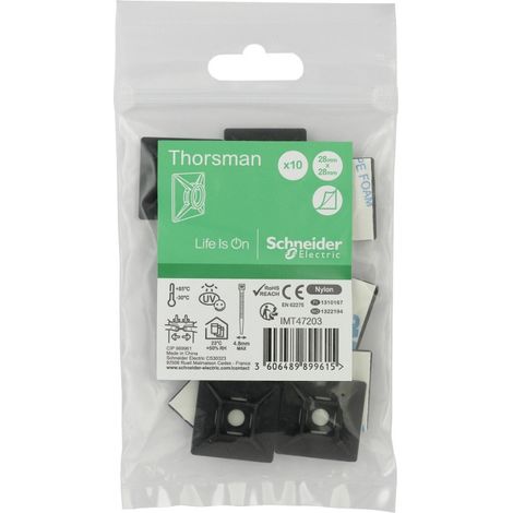 Embase auto-adhésive 28x28mm noire pour collier serre-cable largeur 4.8mm max (blister de 10) Pa6.6mm anti-UV Thorsman (1/2)