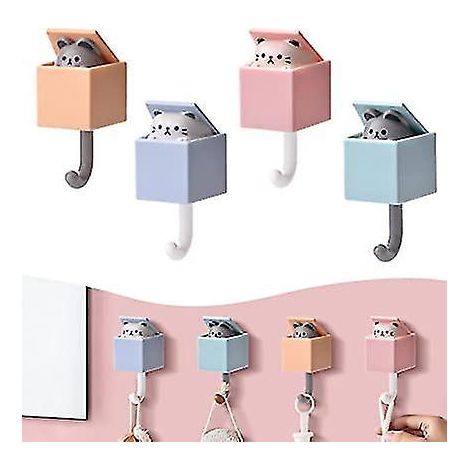 Set mit 4 Kawaii-Katzen-Türhaken, praktische und niedliche Haken in Katzenform, Schlüsselanhänger mit Cartoon-Tiermotiven, verwendbar als Wanddekoration oder für Türen, Schlüssel, Hüte, Mäntel usw.