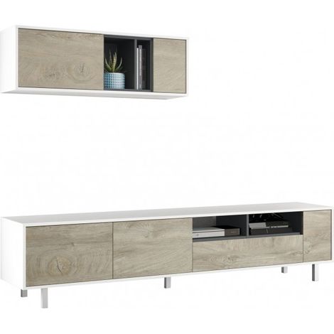 Mur TV 200 cm blanc mat et chêne – Keila (1/5)