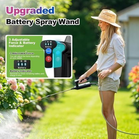 43-Zoll-Verlängerungslanze für wiederaufladbare Gartenspritzen – 3 einstellbare Stufen mit Akkuladestandsanzeige und 26,2-Fuß-Schlauch inklusive 4 verstellbarer Düsen und (1/4)