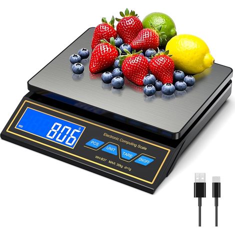 Balance de cuisine numérique 30 kg, balance de cuisine numérique étanche avec écran LCD, balance alimentaire multifonction, haute précision jusqu'à 1 g, fonction tare, bouton tactile, balance (1/5)