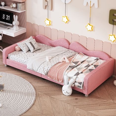 Lit enfant 90x200 cm capitonné rose, Banquette lit multifonction avec dossier et accoudoirs, Sommier à lattes inclus, Tissu bouclette (1/5)