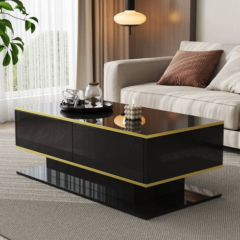 Table basse 100 x 50 x 40 cm laquée led, ornements dorés, 3 tiroirs, style moderne (1/5)