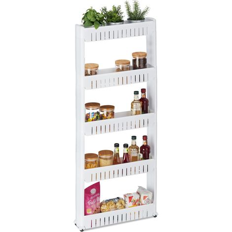 Étagère de Cuisine à roulettes, 5 Niveaux, Rangement étroit, Salle de Bain, 131x12,5x54 cm, Plastique, Blanc (1/5)