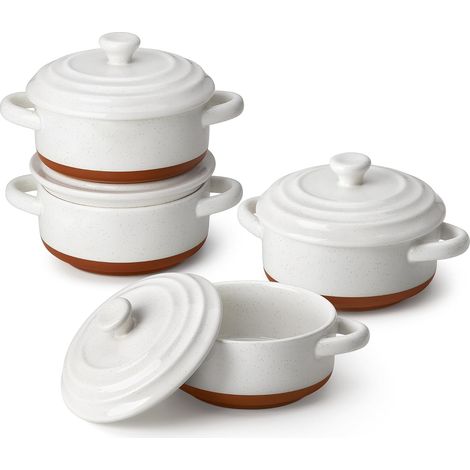 Série TARA.BAKE, Mini Cocottes avec Couvercles en Porcelaine, Petits Ramequins 440ml Individuelles, Plats à Four Rondes avec Poignées 4 Pièces pour Soufflé, Crème Brûlée, Gâteau, Lasagnes (1/5)