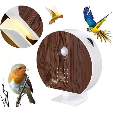 Maison décorative pour oiseaux avec 9 sons naturels, détecteur de mouvement, volume réglable et minuterie, 10 x 12,5 x 3,5 cm, avec éclairage, pour maison et bureau, noyer (1/5)