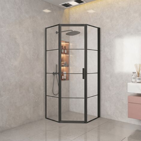 Eckduschwand mit Falttür BREDA PENTA Schwarz Matt - Glas 8 mm / 88.5 - 89.5 cm