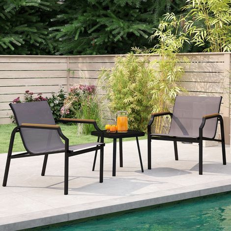Salon de Jardin 3 Pcs Tissu Respirant et Cadre Métallique Charge 150KG Ensemble de Meubles de Patio avec Accoudoirs en Bois-Plastique Gris (1/3)