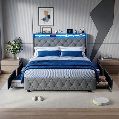 JOOKGBD–Letto a contenitore 160x200 cm,letto matrimoniale imbottito,LED,porta USB,cassetti di stoccaggio,testa del letto,letto per adolescenti,velluto,grigio