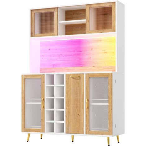 Buffet latéral / armoire de rangement / meuble de cuisine multifonction / buffet, 120x40x170cm, avec éclairage LED, casier à vin et casier à snacks, 5 portes, prise intégrée, blanc aspect bois (1/5)