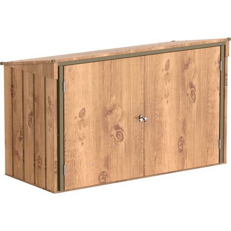 abri pour poubelles pour 3 avec ouverture par le haut et portes doubles verrouillables, abri de jardin en métal, cachettes pour poubelles, Abri pour poubelles, 214x101x133 cm, grain de bois (1/5)