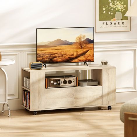 Meuble TV 42 roues pivotantes frein Étagères tiroirs réglables Bois - Dimensions: 102x34,5x48,5 cm