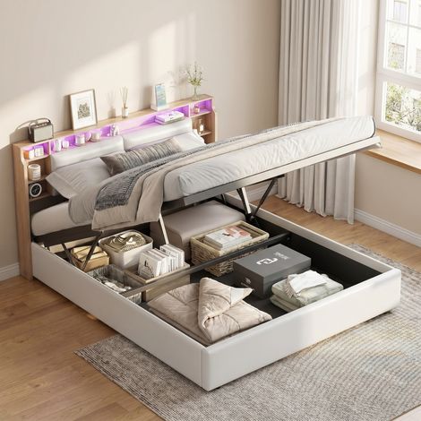 Lit coffre 160x200 cm avec tête de lit à rangement triple,sommier à lattes,hydraulique,revêtement pu,éclairage led rgb,maxi stockage,moderne,blanc (1/5)