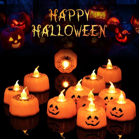 Lot de 12 bougies chauffe-plat LED Halloween, sans flamme - Citrouille Jack-o’-lantern orange - Effet flamme scintillante vacillante - À piles - Déco maison/cheminée/fête d’automne - Couleur: none (1/5)